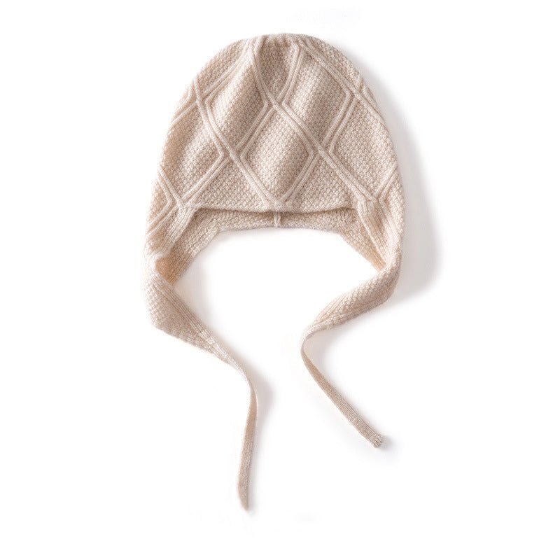 Diamond Knit Pure Cashmere Beanie Cashmere Bonnet Hat with Ties Beige M