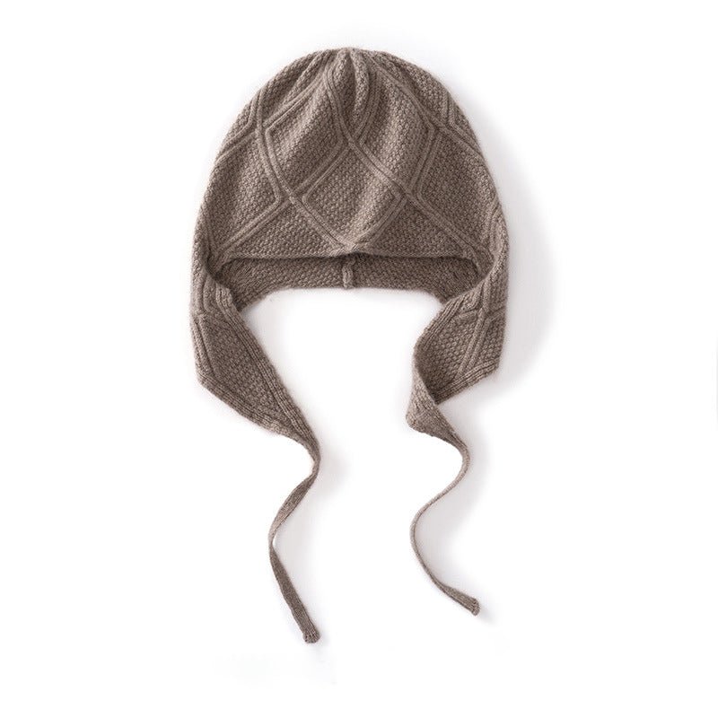 Diamond Knit Pure Cashmere Beanie Cashmere Bonnet Hat with Ties Taupe M