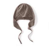 Diamond Knit Pure Cashmere Beanie Cashmere Bonnet Hat with Ties Taupe M