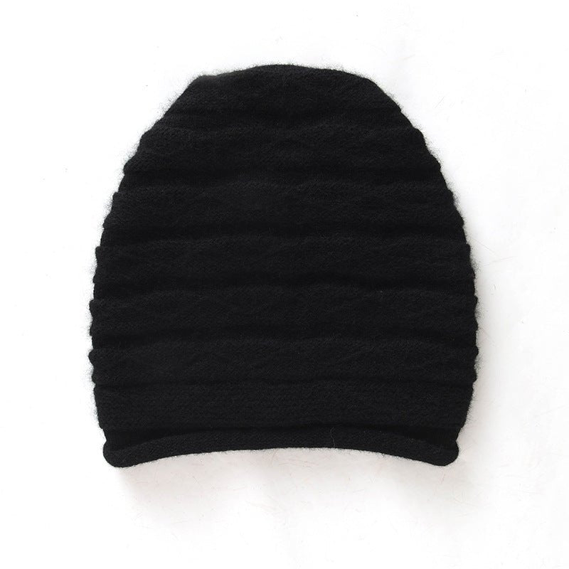 Diamond Wave Cashmere Beanie for Women Textured Cashmere Knit Hat Black M
