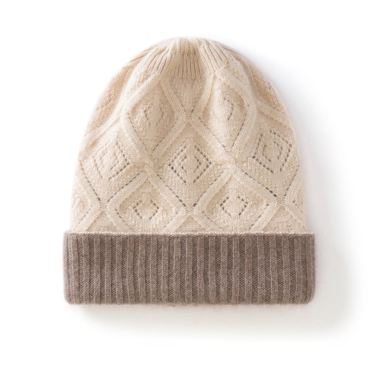 Double Layer Diamond Knit Pure Cashmere Beanie Cashmere Winter Hat Beige M