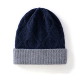 Double Layer Diamond Knit Pure Cashmere Beanie Cashmere Winter Hat Navy Blue M