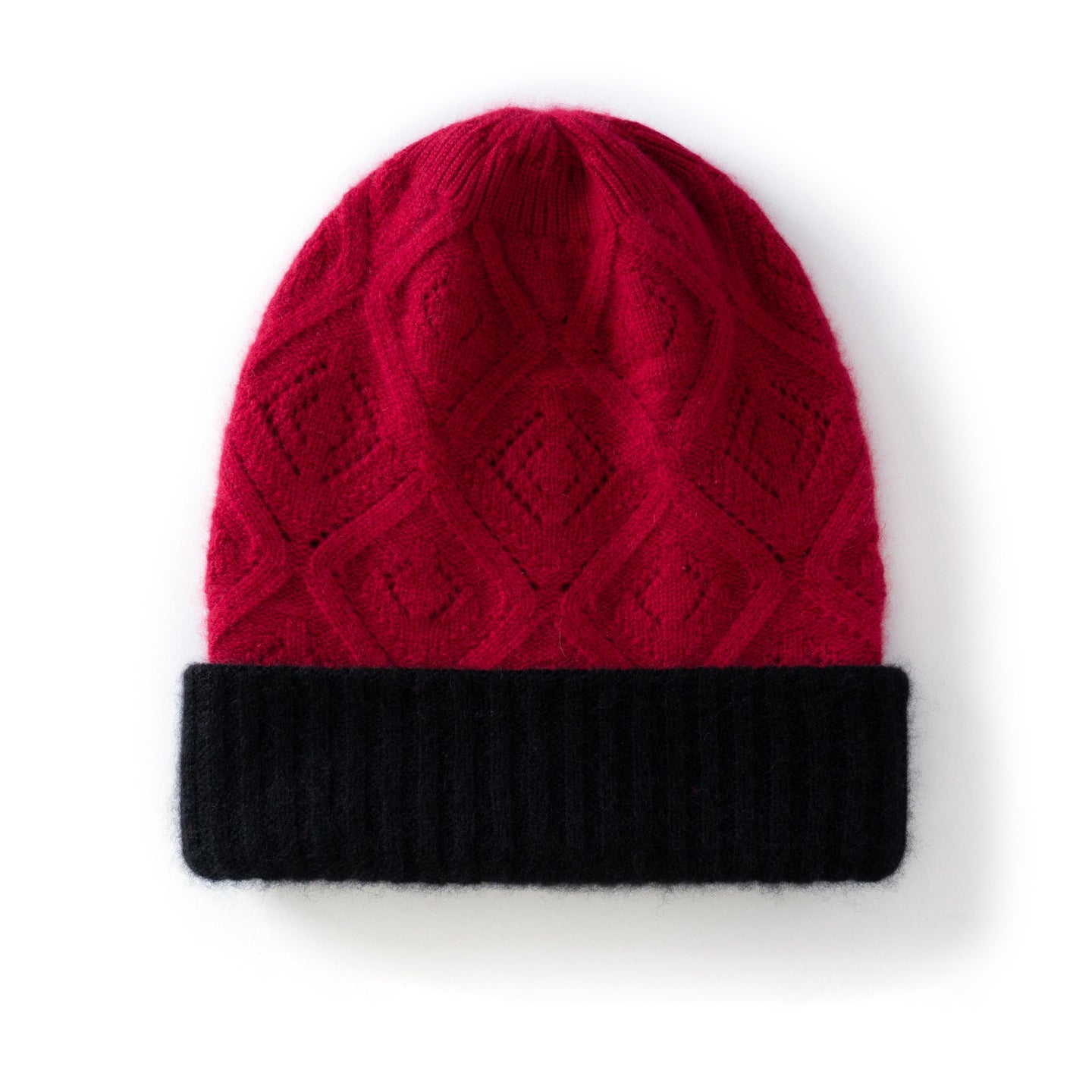 Double Layer Diamond Knit Pure Cashmere Beanie Cashmere Winter Hat Claret M