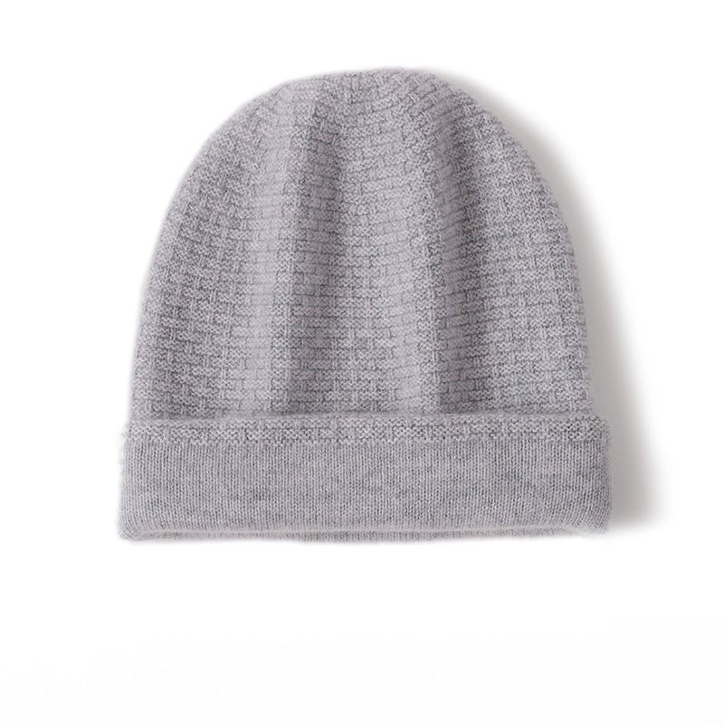 Double Layer Waffle - knit Pure Cashmere Beanie Folded Cuff Cashmere Winter Hat Grey M