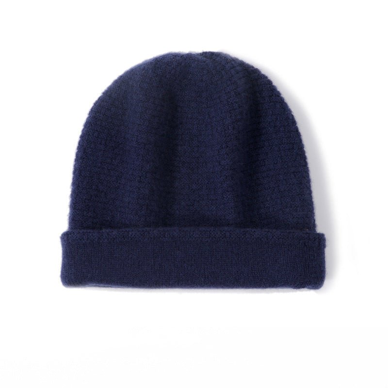 Double Layer Waffle - knit Pure Cashmere Beanie Folded Cuff Cashmere Winter Hat Navy Blue M