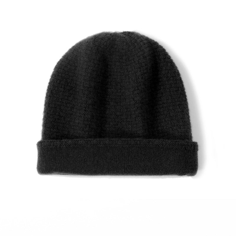 Double Layer Waffle - knit Pure Cashmere Beanie Folded Cuff Cashmere Winter Hat Black M