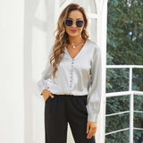 Ladies Silk Blouse V Neck Silk Shirts 100% Silk Top Silver Gray XS