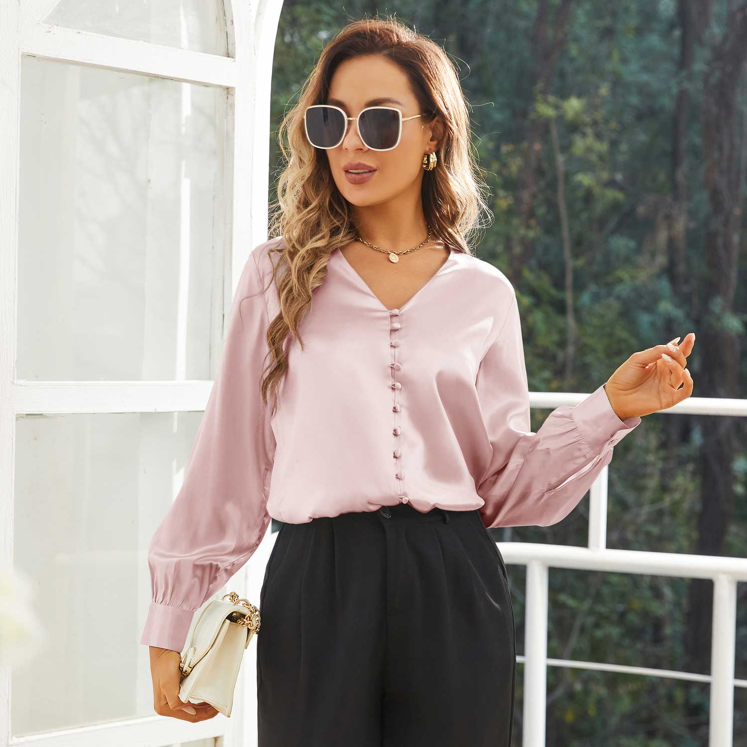 Ladies Silk Blouse V Neck Silk Shirts 100% Silk Top Rosy Pink XS