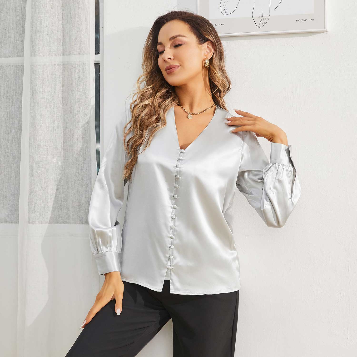 Ladies Silk Blouse V Neck Silk Shirts 100% Silk Top Silver Gray XS