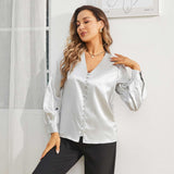 Ladies Silk Blouse V Neck Silk Shirts 100% Silk Top Silver Gray XS