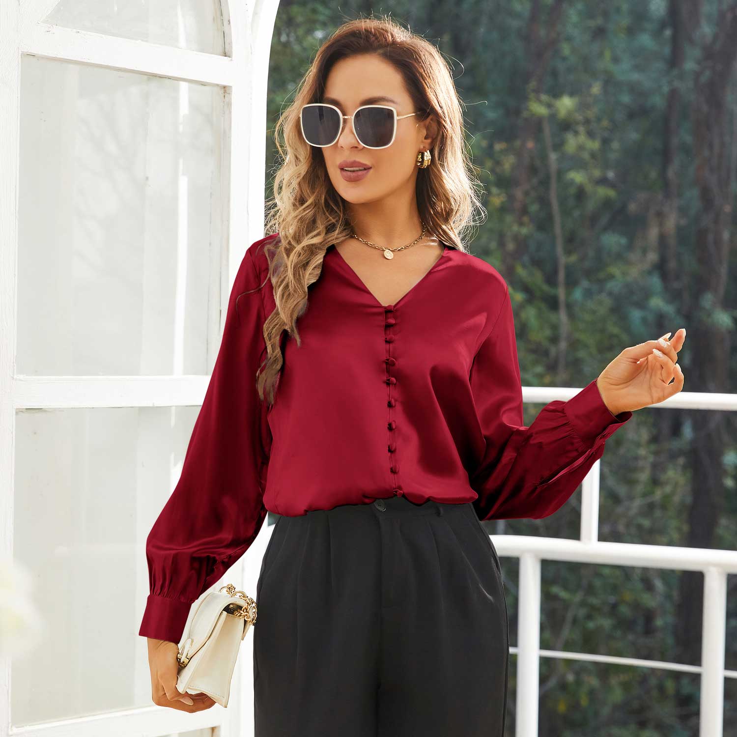 Ladies Silk Blouse V Neck Silk Shirts 100% Silk Top Claret XS