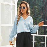 Ladies Silk Blouse V Neck Silk Shirts 100% Silk Top Haze Blue XS