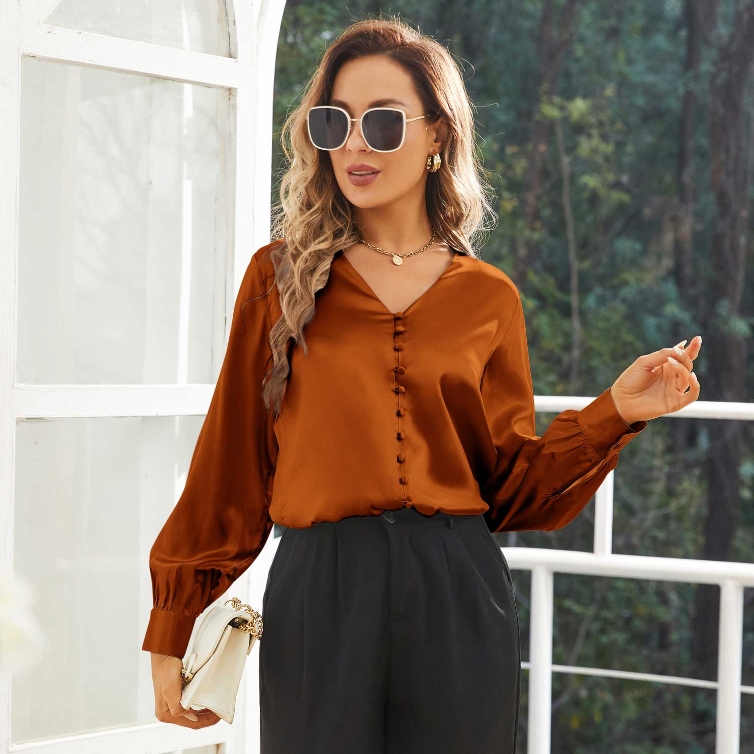Ladies Silk Blouse V Neck Silk Shirts 100% Silk Top Orange XS