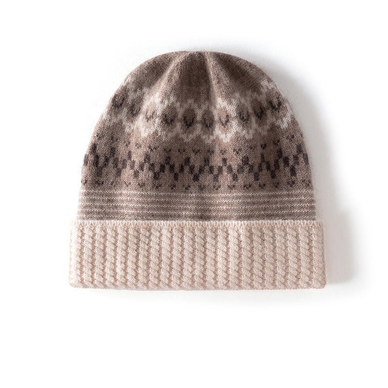 Fair Isle Pattern Pure Cashmere Beanie Cashmere Knit Cap Nordic Motif Beige M