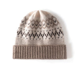 Fair Isle Pattern Pure Cashmere Beanie Cashmere Knit Cap Nordic Motif Taupe M