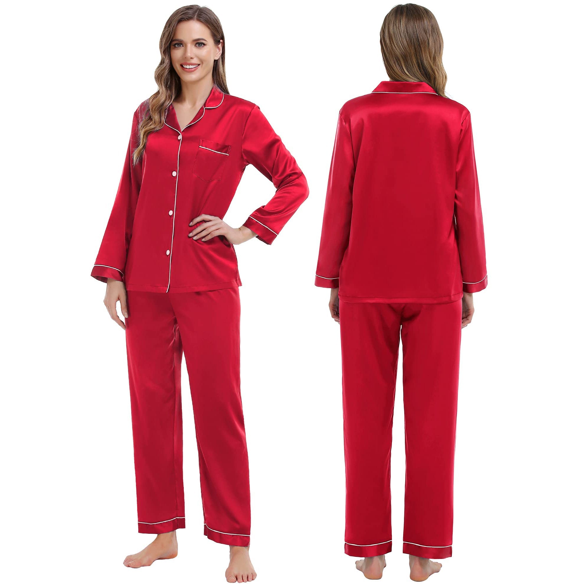 Family Long Silk Pajama Set 100% Pure Silk Matching Pjs Red XS