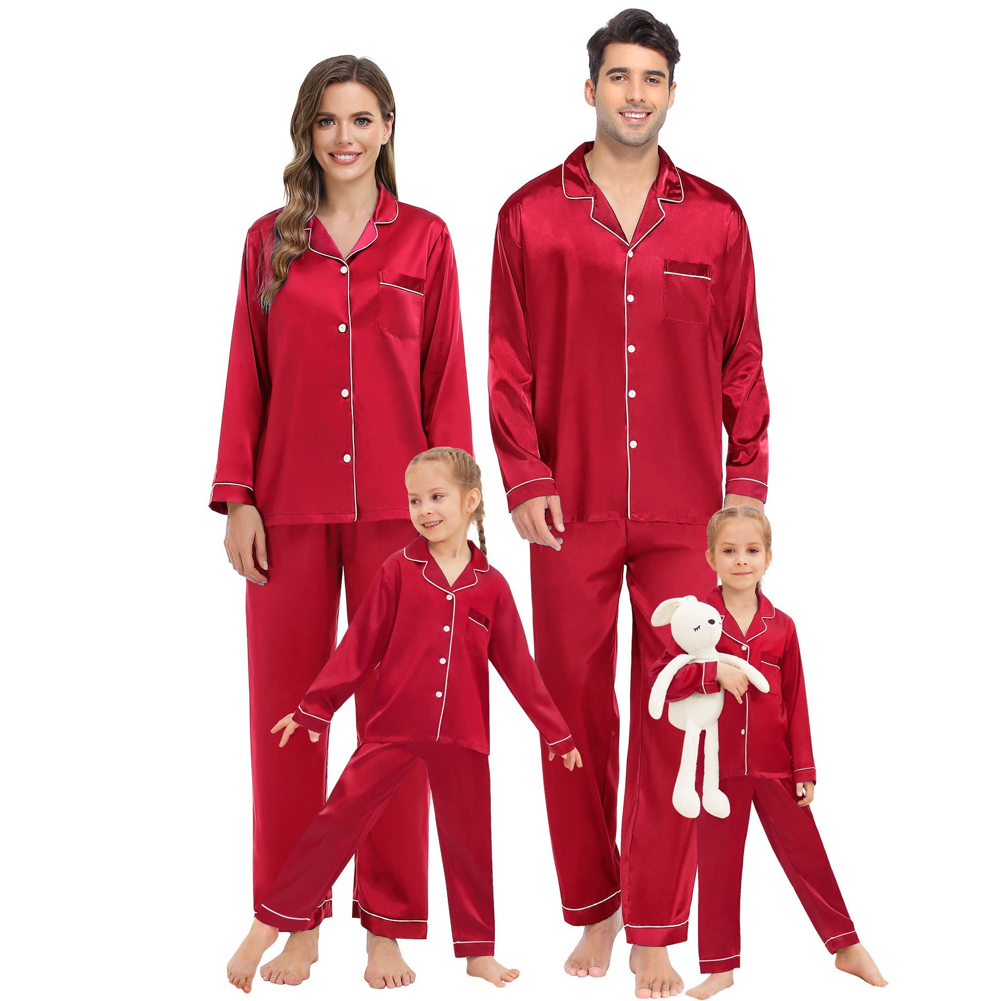 Family Long Silk Pajama Set 100% Pure Silk Matching Pjs Red XS