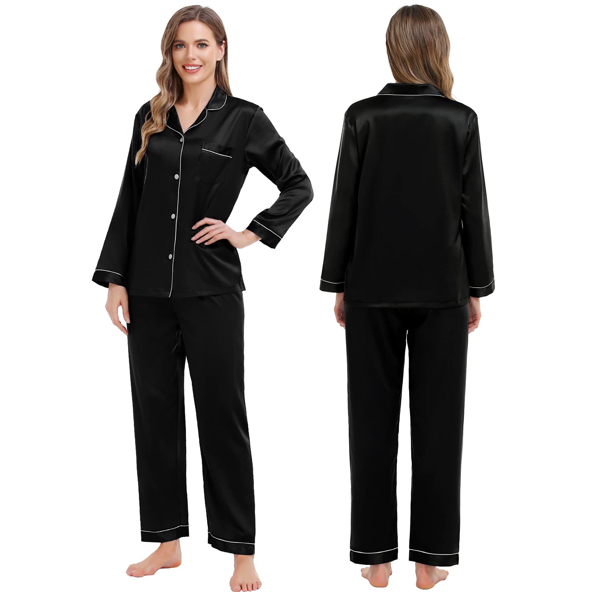 Family Long Silk Pajama Set 100% Pure Silk Matching Pjs Black XS