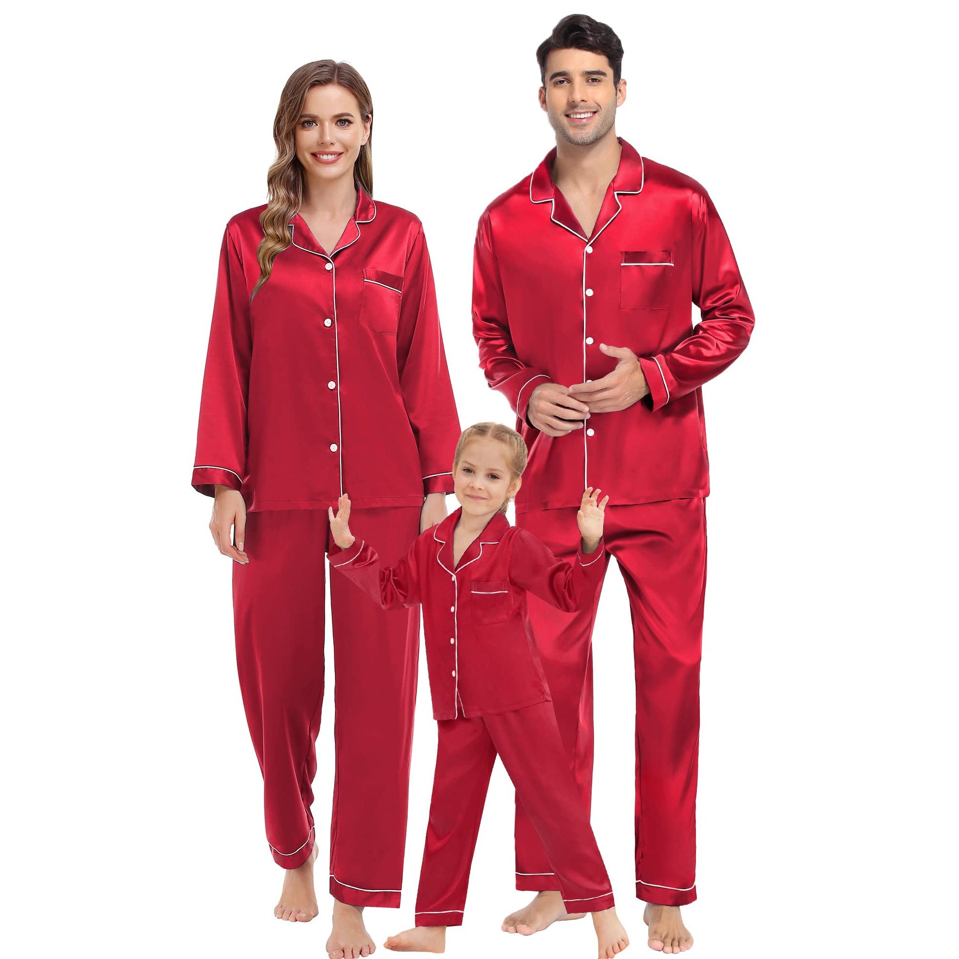 Family Long Silk Pajama Set 100% Pure Silk Matching Pjs Red XS