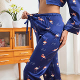 Flamingo Print Silk Pajamas for Women Long Sleeve Silk Pajama Set Silk PJS Navy Blue XS