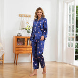 Flamingo Print Silk Pajamas for Women Long Sleeve Silk Pajama Set Silk PJS Navy Blue XS