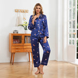 Flamingo Print Silk Pajamas for Women Long Sleeve Silk Pajama Set Silk PJS Navy Blue XS