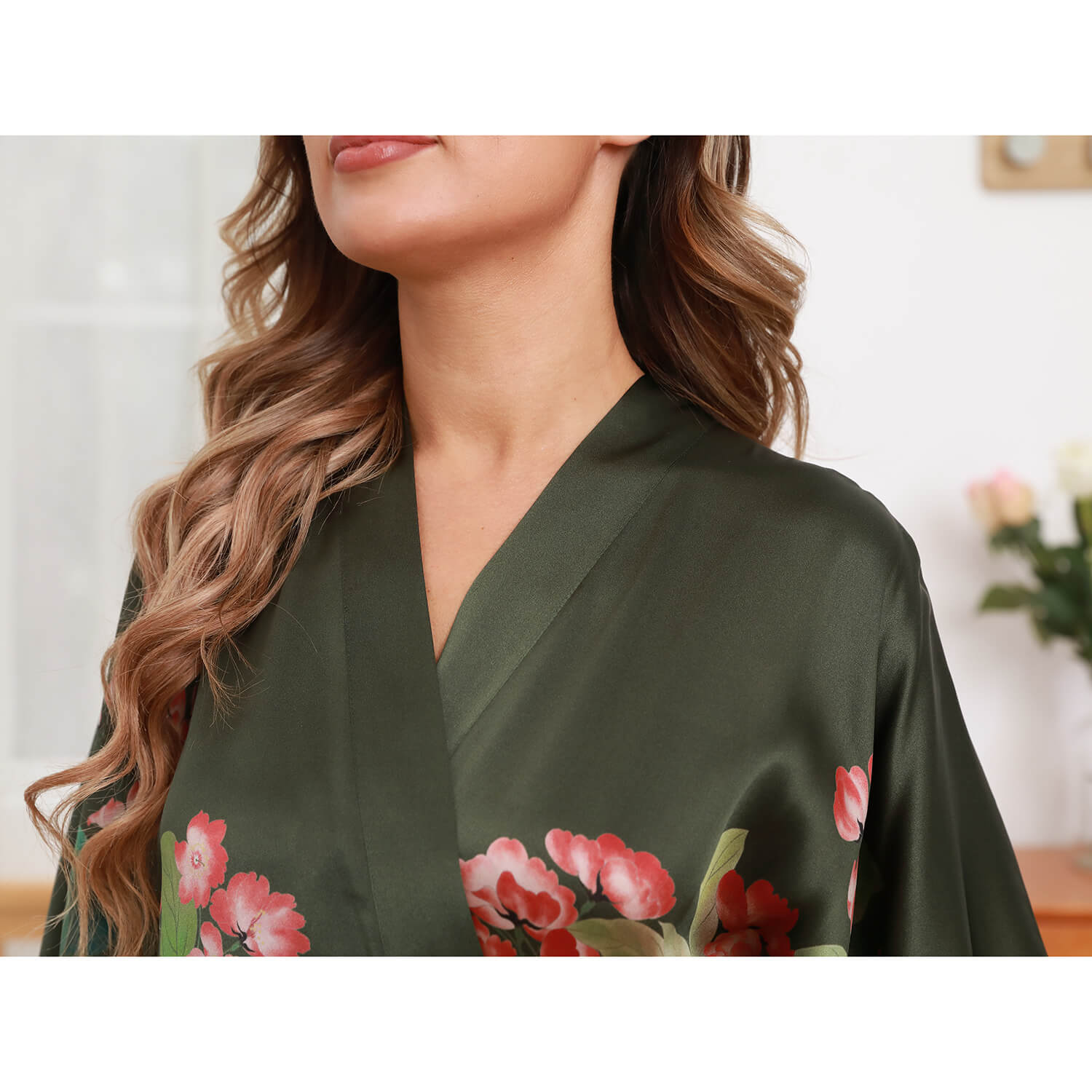 Olive Green Floral Print Silk Kimono Robes For Women Green One size fits most