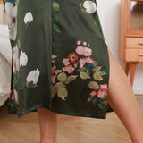 Olive Green Floral Print Silk Kimono Robes For Women Green One size fits most
