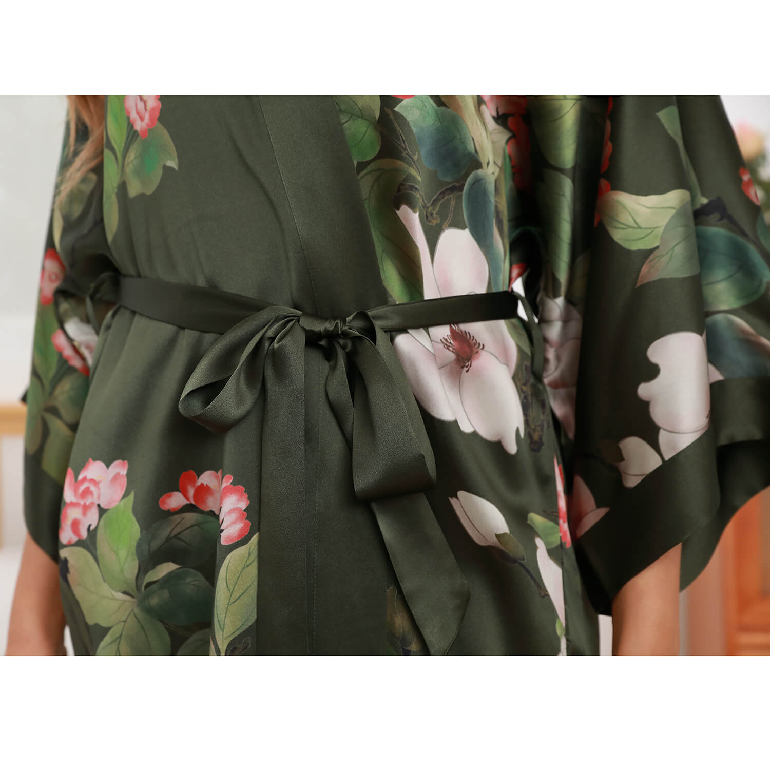 Olive Green Floral Print Silk Kimono Robes For Women Green One size fits most