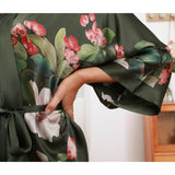 Olive Green Floral Print Silk Kimono Robes For Women Green One size fits most
