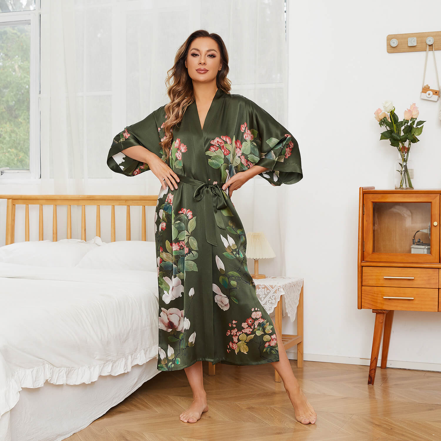 Olive Green Floral Print Silk Kimono Robes For Women Green One size fits most
