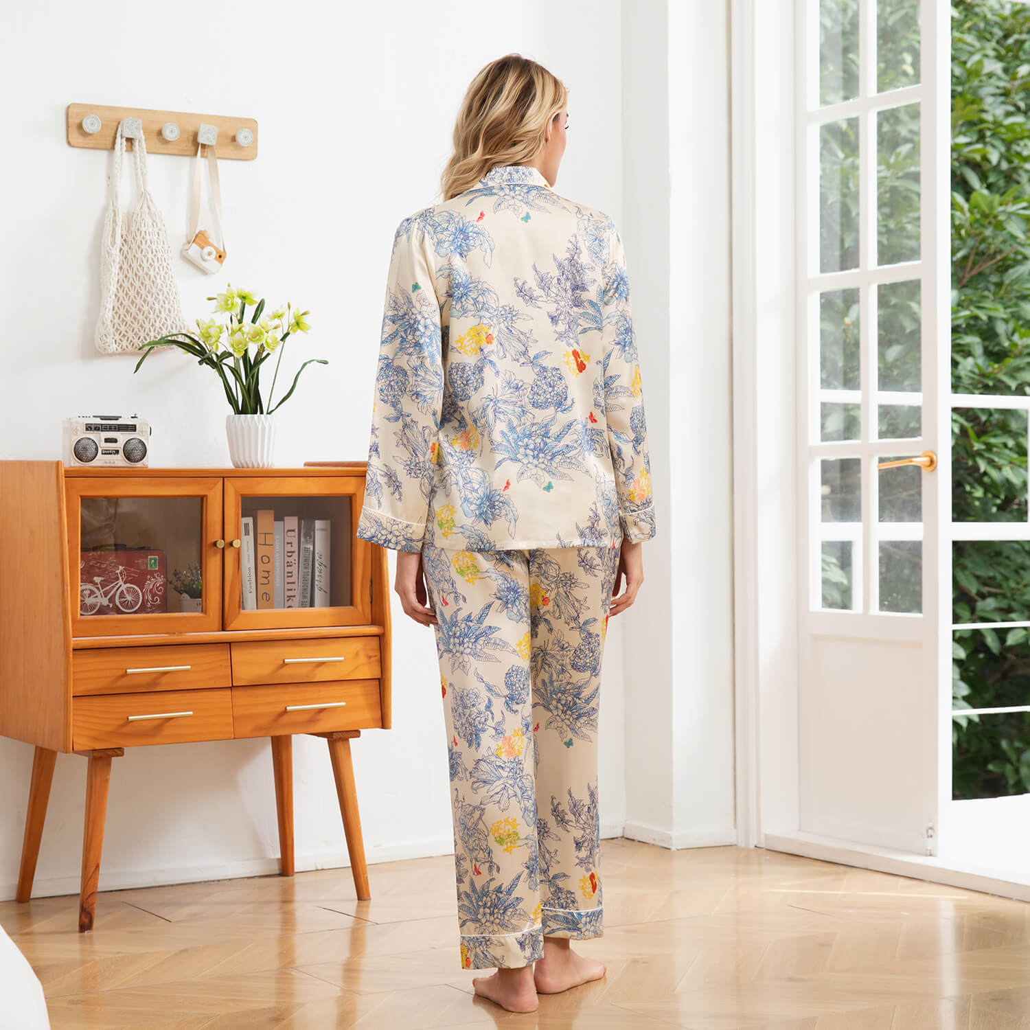Floral Print Silk Pajama Set Button Down Silk Pajamas for Women Sleepwear Silk Set Beige XS