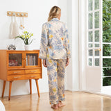 Floral Print Silk Pajama Set Button Down Silk Pajamas for Women Sleepwear Silk Set Beige XS