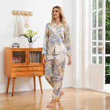 Floral Print Silk Pajama Set Button Down Silk Pajamas for Women Sleepwear Silk Set Beige XS