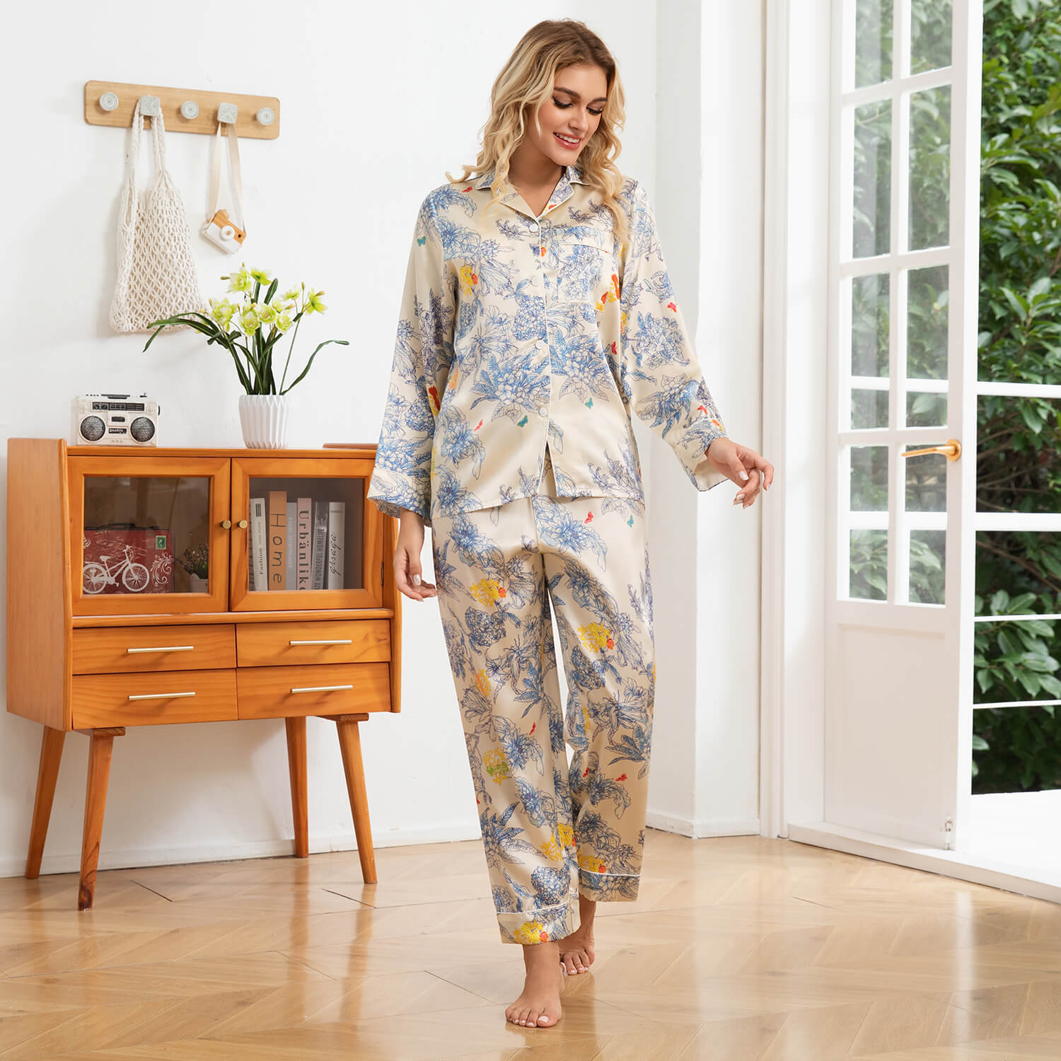 Floral Print Silk Pajama Set Button Down Silk Pajamas for Women Sleepwear Silk Set Beige XS