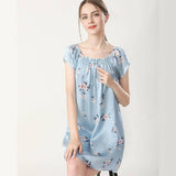 Floral Print Silk Nightgown For Women Loose Silk Nightdress Blue XS