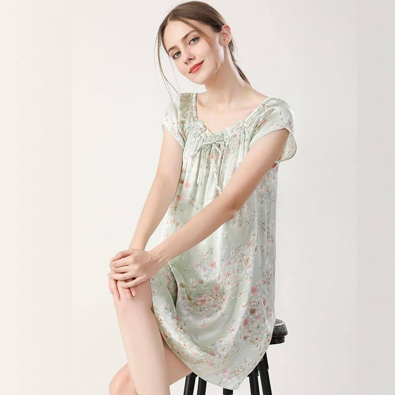 Floral Print Silk Nightgown For Women Loose Silk Nightdress Green XS