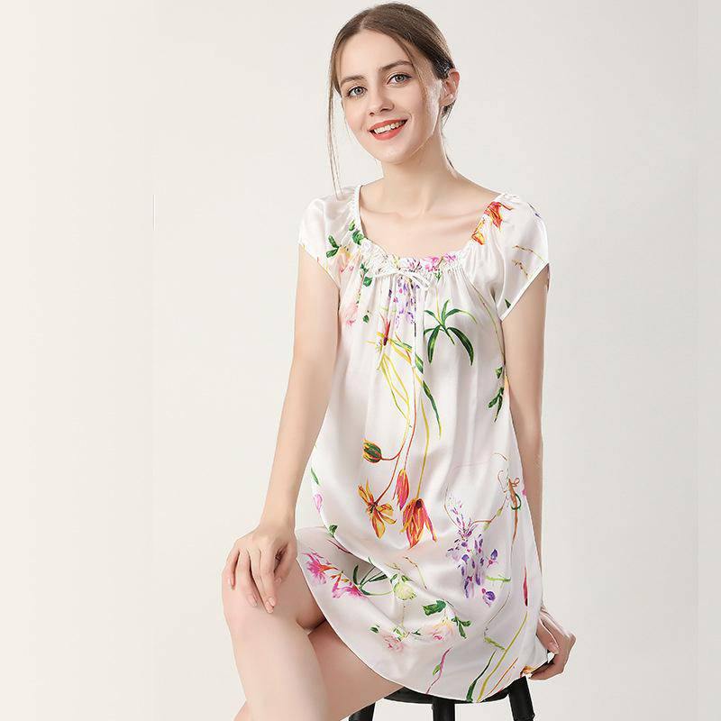 Floral Print Silk Nightgown For Women Loose Silk Nightdress White XS