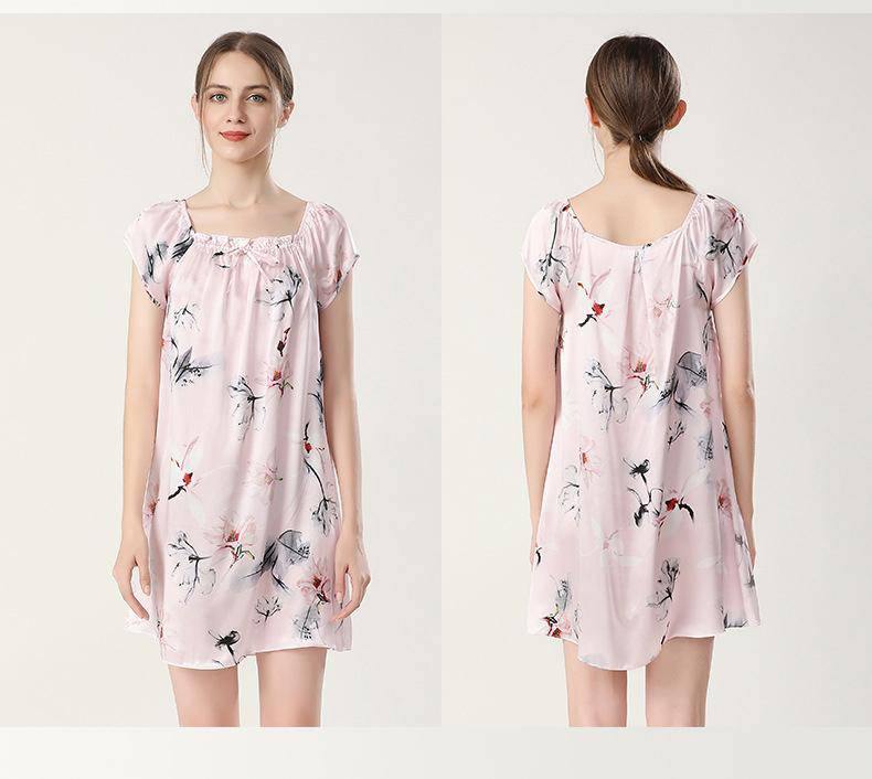 Floral Print Silk Nightgown For Women Loose Silk Nightdress Pink XS