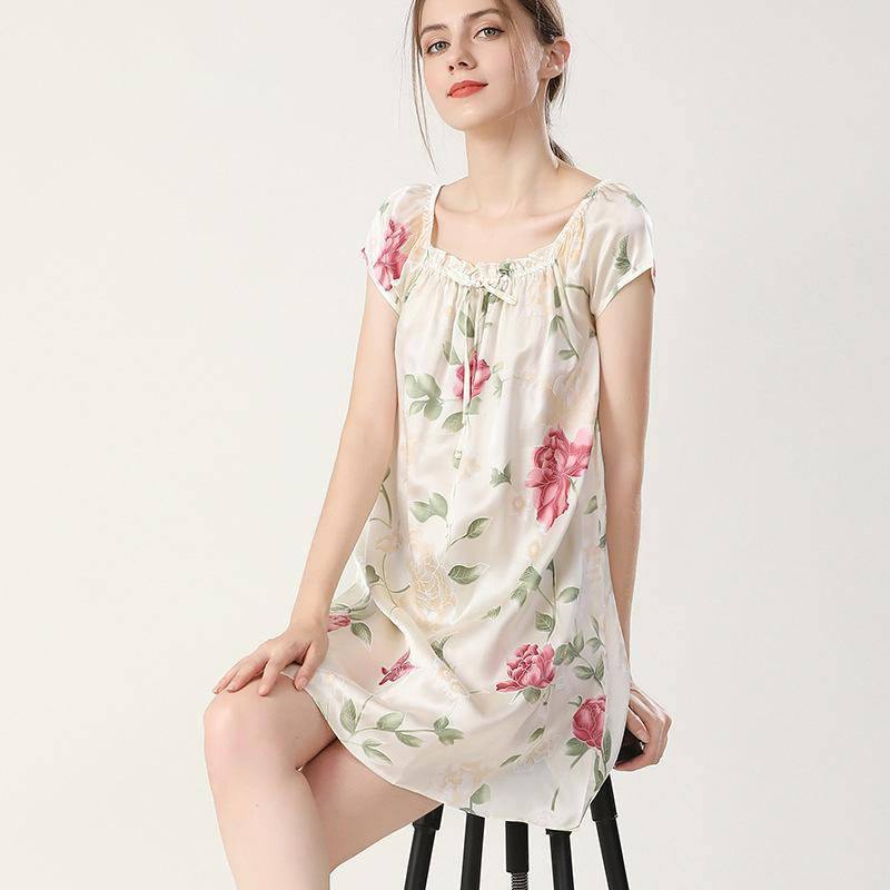 Floral Print Silk Nightgown For Women Loose Silk Nightdress Ivory XS