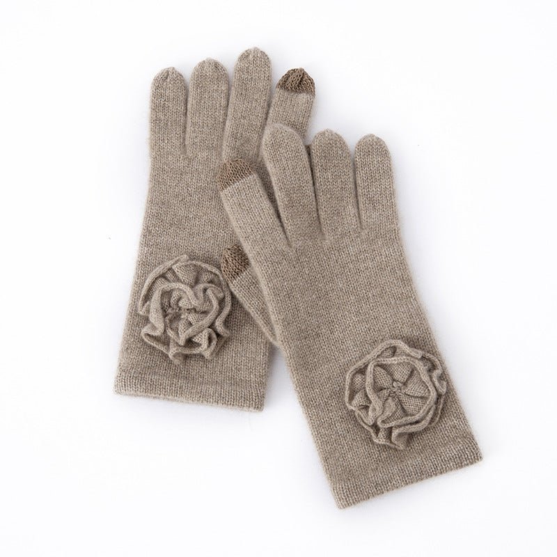 Flower Cashmere Gloves Touchscreen Fingers Pure Knitted Mittens Taupe M
