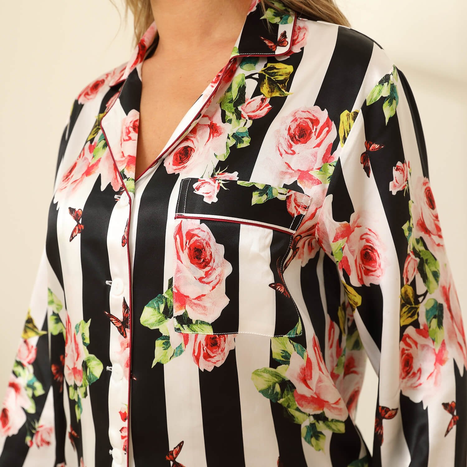 Women Flower Printed Silk Pajamas 100% Floral Silk Sleepwear White XS