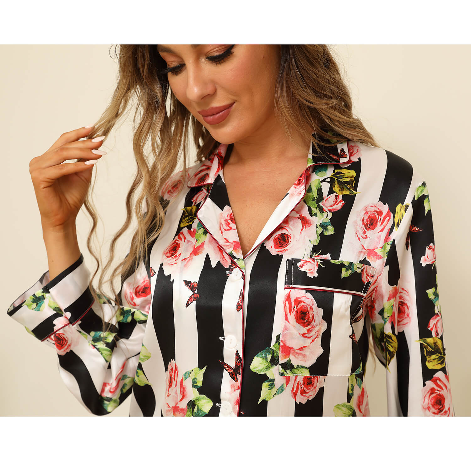 Women Flower Printed Silk Pajamas 100% Floral Silk Sleepwear White XS