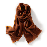 Fringed Pure Cashmere Scarf for Women Cashmere Wrap with Woven Trim Brown L