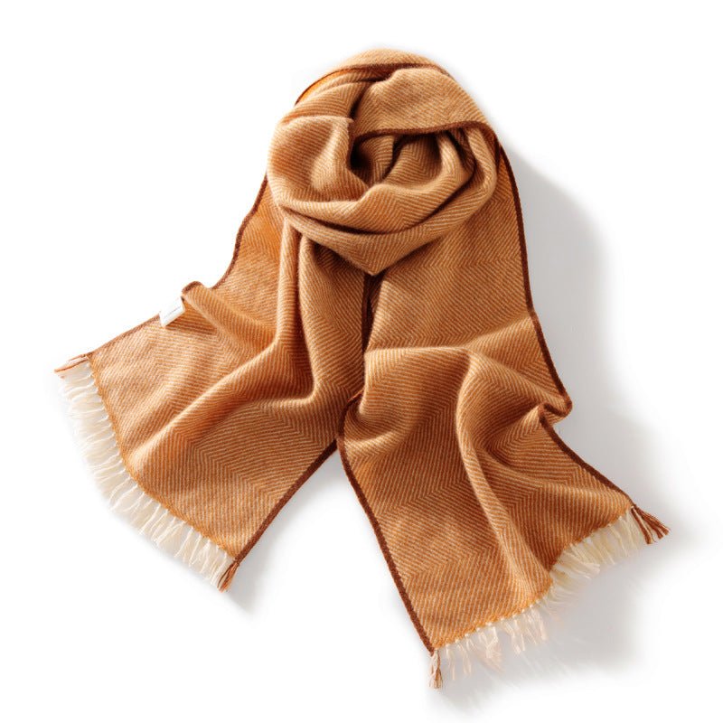 Fringed Pure Cashmere Scarf for Women Cashmere Wrap with Woven Trim Camel L