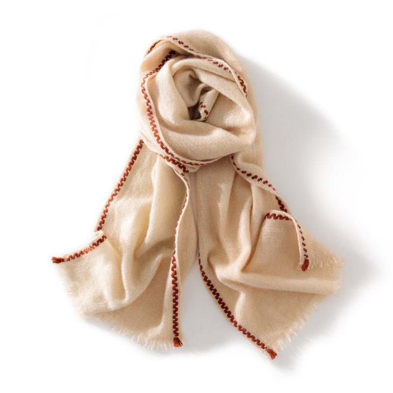 Fringed Pure Cashmere Scarf for Women Cashmere Wrap with Woven Trim Beige L