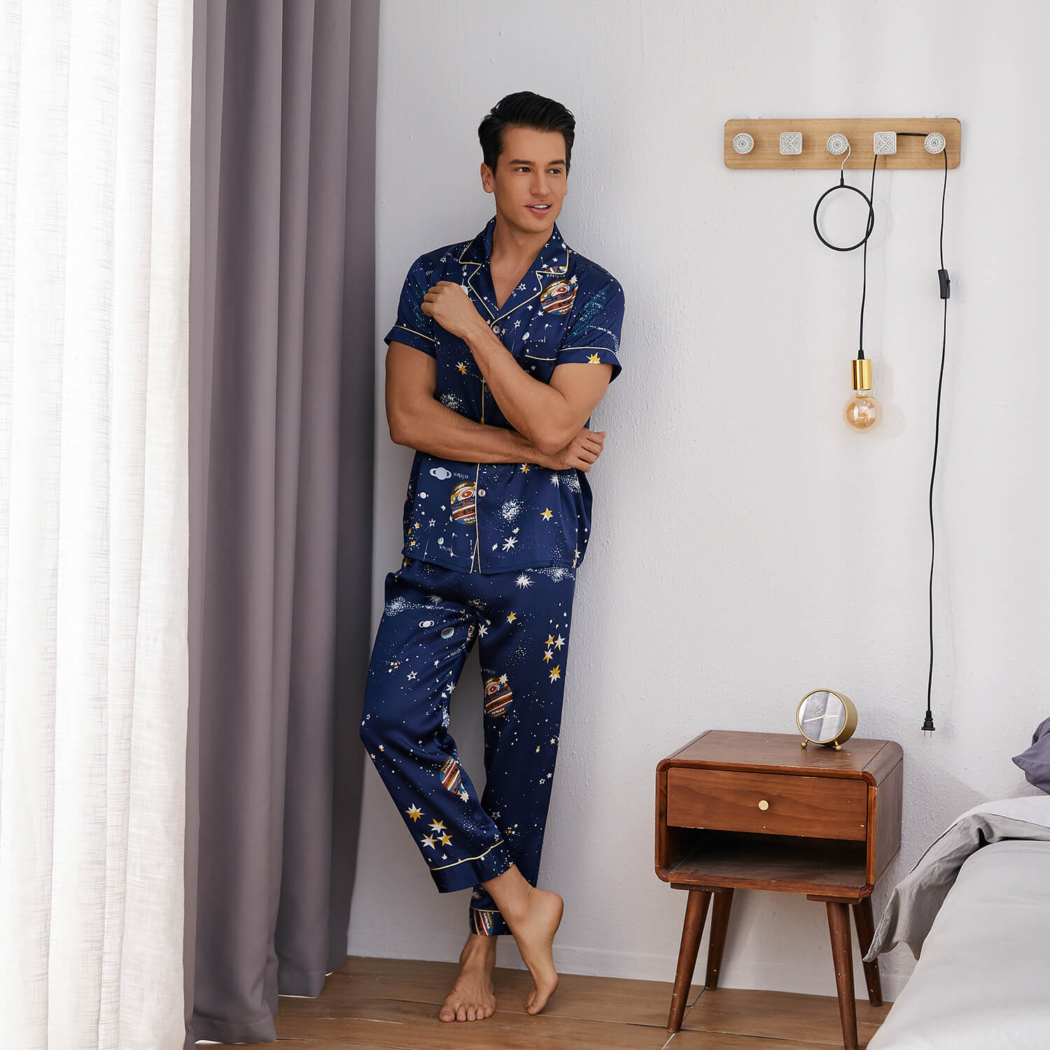 Mens Navy Blue Silk Pajama Set Galaxy Print Mens Silk Pajamas Navy Blue S