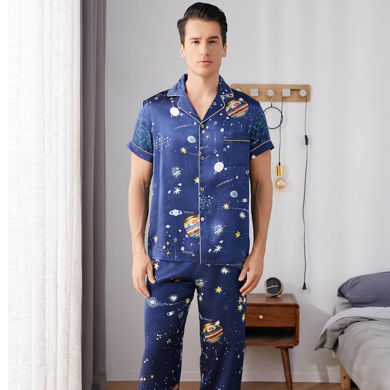 Mens Navy Blue Silk Pajama Set Galaxy Print Mens Silk Pajamas Navy Blue S