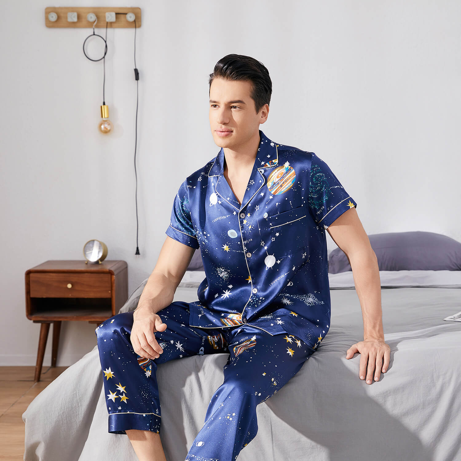 Mens Navy Blue Silk Pajama Set Galaxy Print Mens Silk Pajamas Navy Blue S