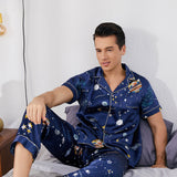 Mens Navy Blue Silk Pajama Set Galaxy Print Mens Silk Pajamas Navy Blue S